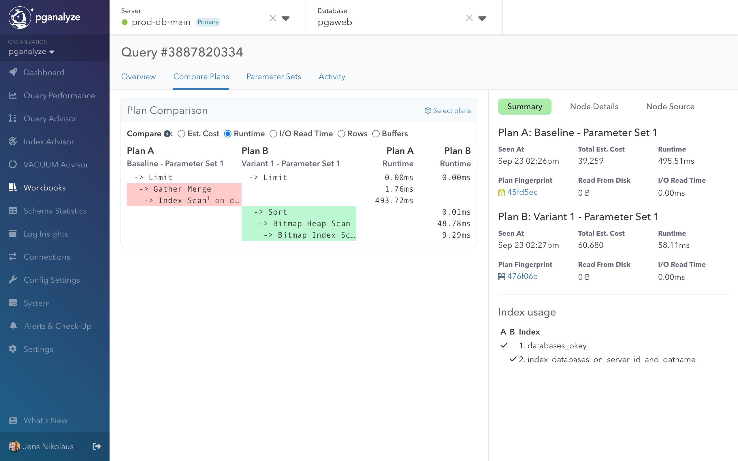 Workbooks plan comparison showing performance improvements between baseline and optimized query variants