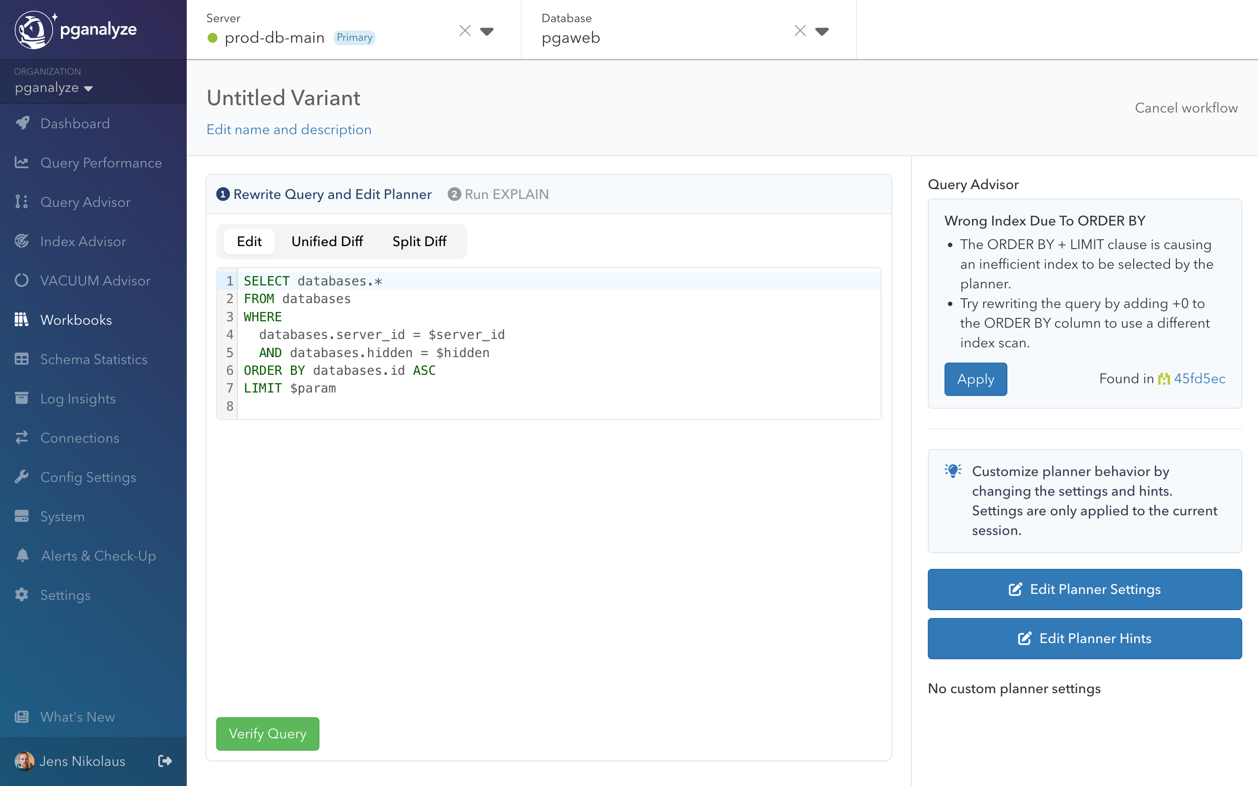 Workbooks variant editor for applying Query Advisor insights to create optimized query versions