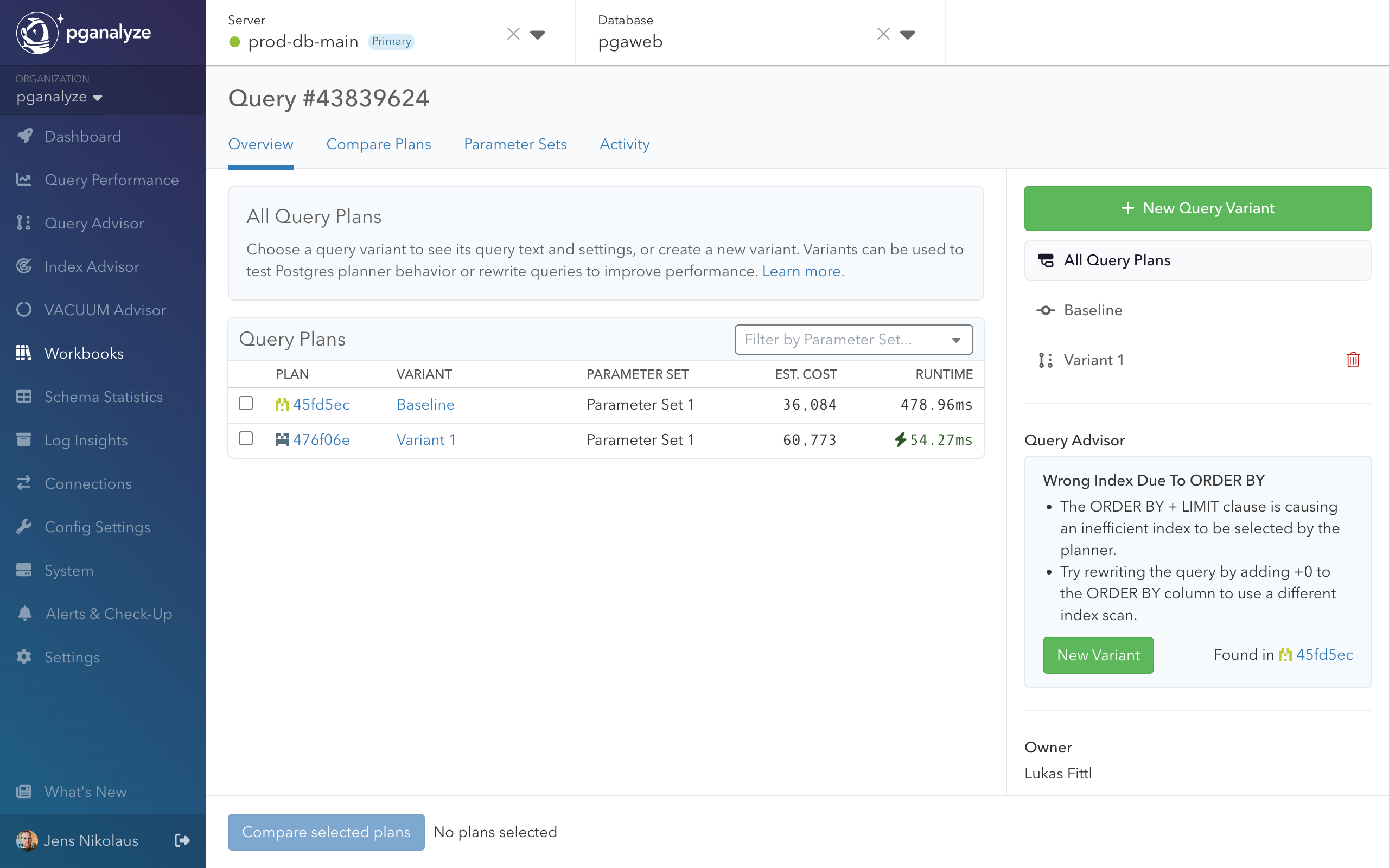 Workbooks interface showing Query Advisor sidebar with optimization insights and suggested query rewrites