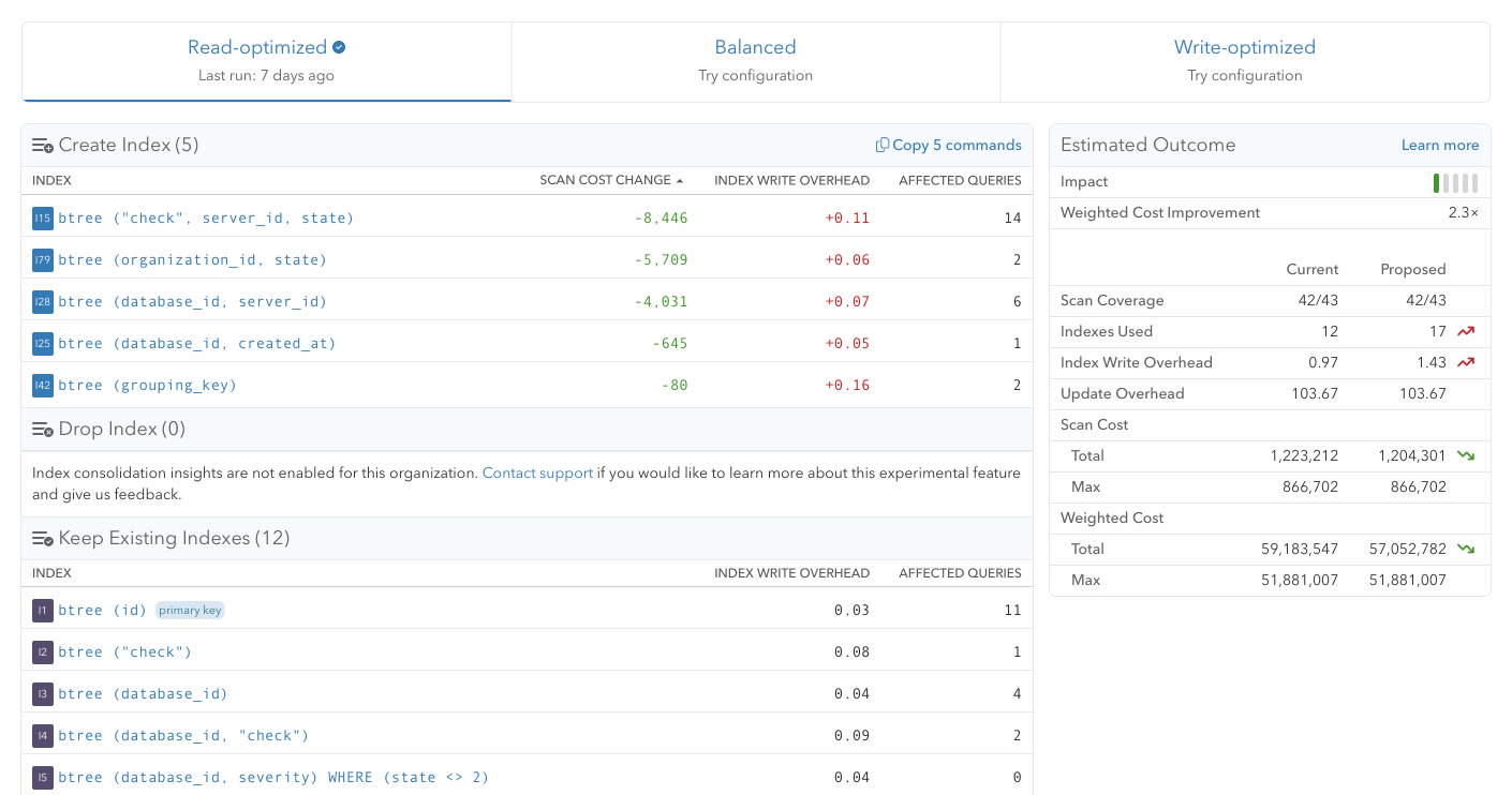 Screenshot of different Index Advisor configurations