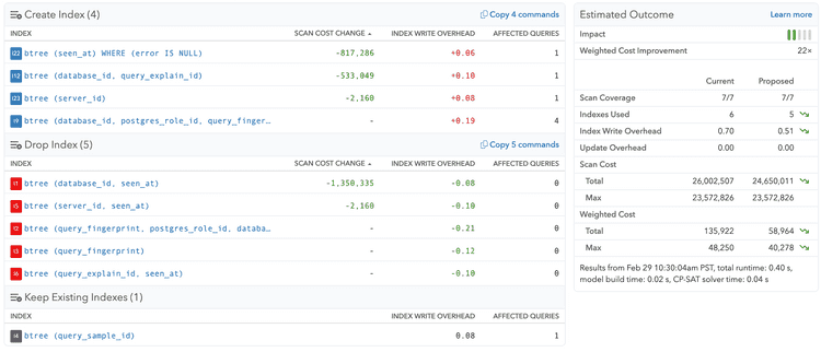 Screenshot of Index Advisor drop index recommendations