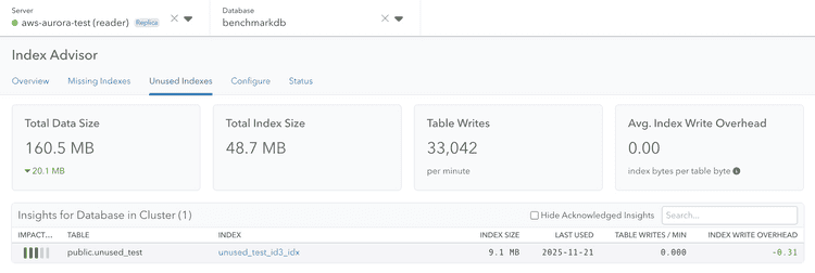 Screenshot of pganalyze Index Advisor Unused Index Insights