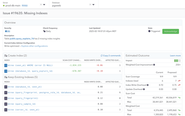 Screenshot of pganalyze Index Advisor Index Recommendation